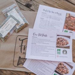 A Fresh Harvest Kit is packed with a recipe card for One Pot Pasta and Italian Blend spice packets from Savoy Spice